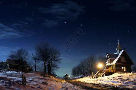 雪夜星空星空下的雪山小屋背景