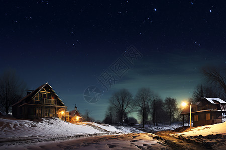 雪夜星空冬夜星空下的雪夜村庄背景