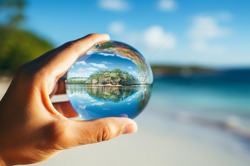 玻璃球中的夏季度假海滩景观图片