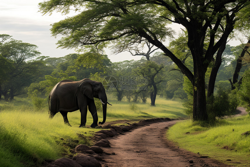 大象穿越绿草丛林的景象图片
