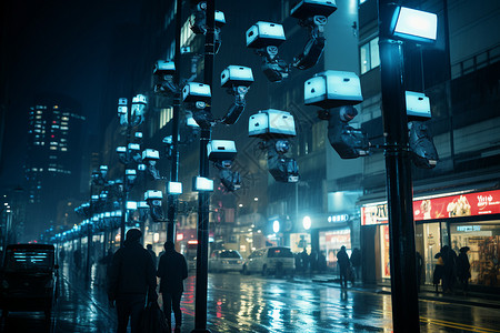 行人监控夜幕下的城市街头背景