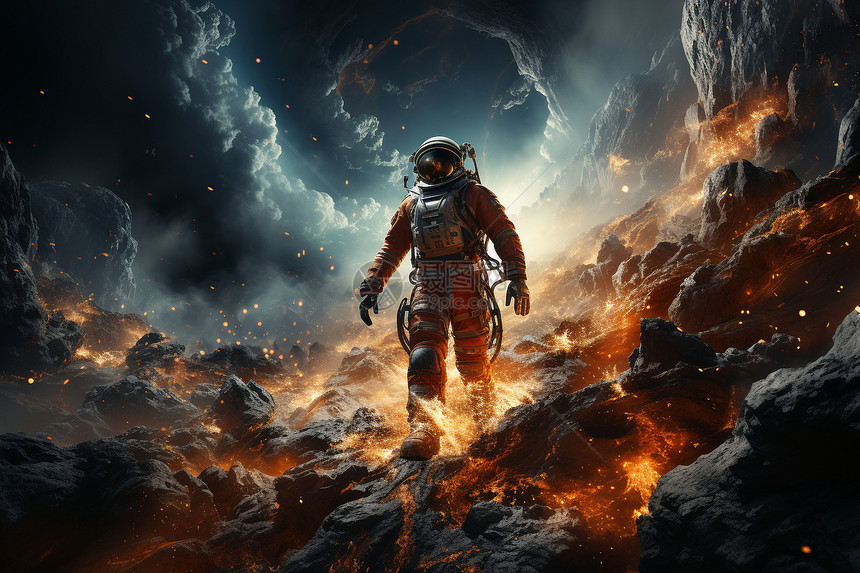 火焰岩石中行走的宇航员图片