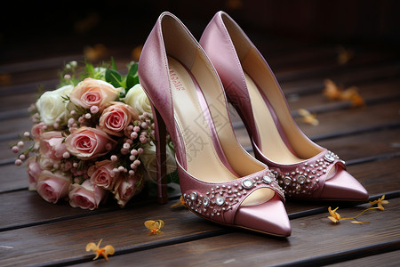 浪漫婚礼的花束与粉色高跟鞋背景图片