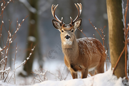 冬季雪地中的独角鹿高清图片