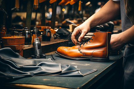 缝制的古老手工工艺的皮鞋背景