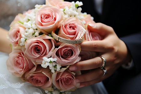 花朵式新娘头饰拿着玫瑰花束的新娘背景