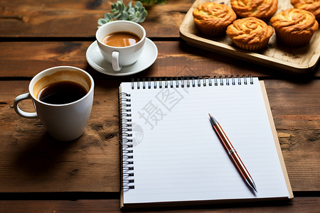 木桌上的笔记本和咖啡背景图片