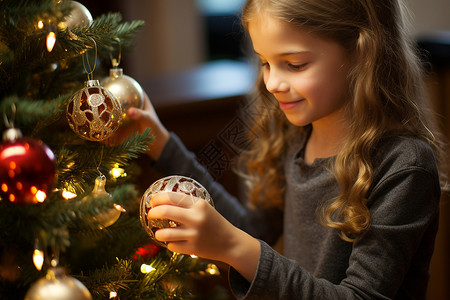 少女装饰圣诞树背景图片