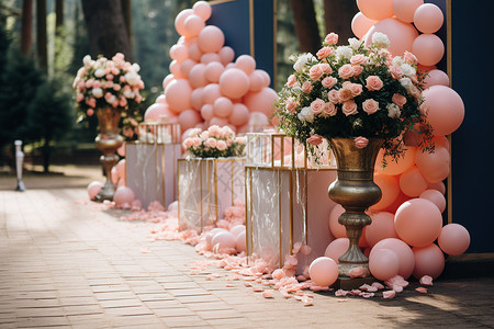 美丽的气球粉色花束与气球排列人行道上背景
