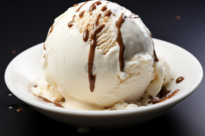 巧克力浇在奶球冰淇淋上图片