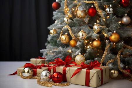 节日挂件圣诞树前的礼物背景