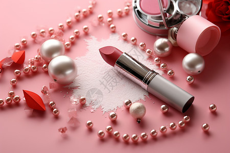 粉色口红和珍珠背景图片