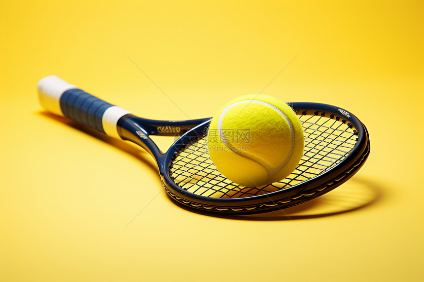 黄色背景上的球拍和网球图片