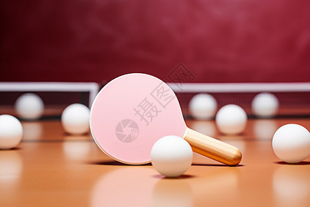在运动的球乒乓球和球拍在桌子上背景