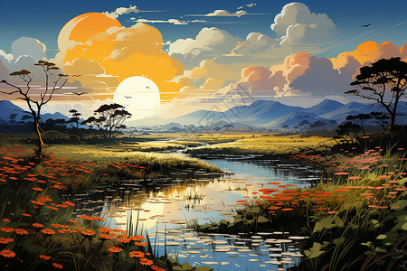 夕阳下的河畔稻田背景图片