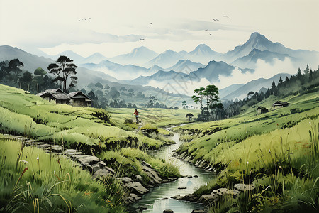 迷雾朦胧的山谷稻田背景图片