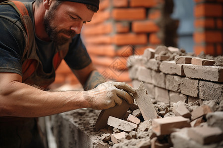 建筑工地砌墙的工人背景图片