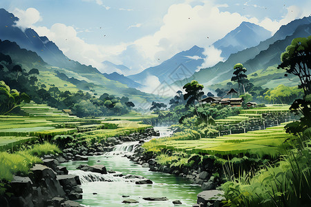 阳光下的山野稻田背景图片
