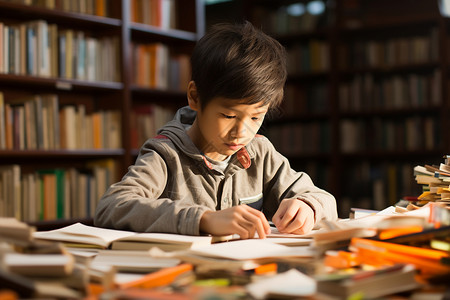 图书馆中学习的小男孩背景图片