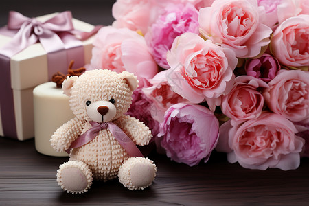 手工礼物小熊玩偶和花束背景