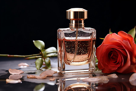 桌子上的玫瑰香水背景图片