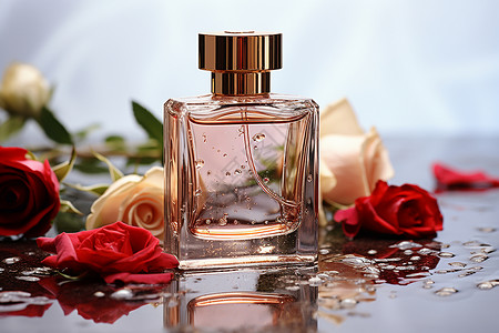 玫瑰花瓣围绕着香水瓶背景图片
