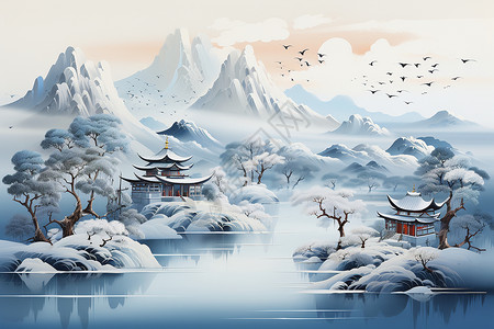 青城山后山艺术感的雪后山水景观插画