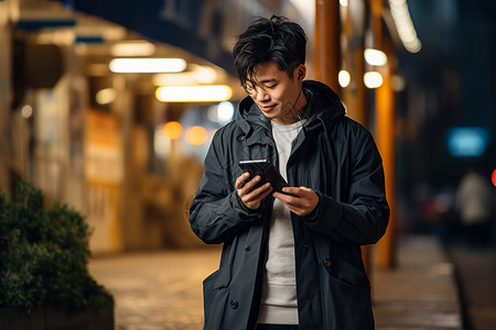 城市街道上玩手机的男子背景图片