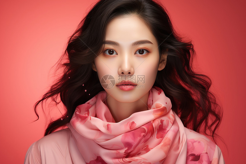 粉色花墙的中国年轻女子图片