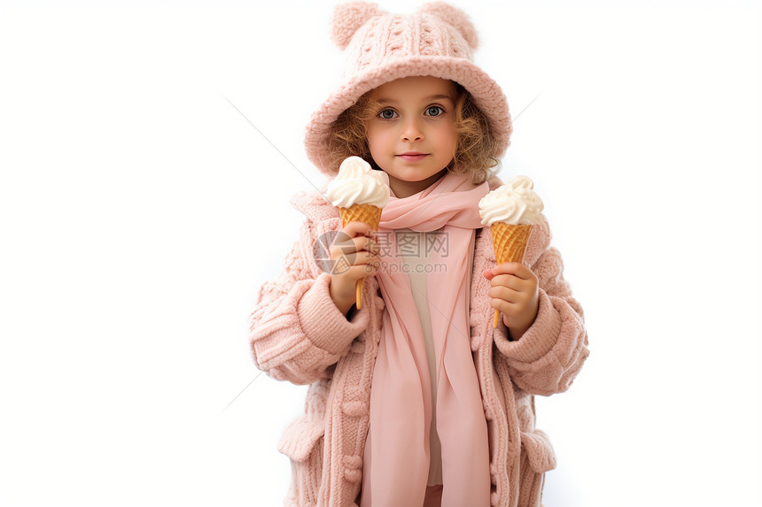 小女孩手持两只冰淇淋图片