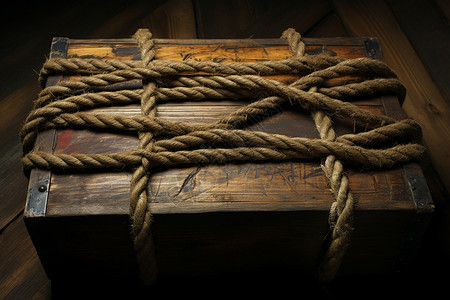 地板上有一个带有绳子的木盒子高清图片