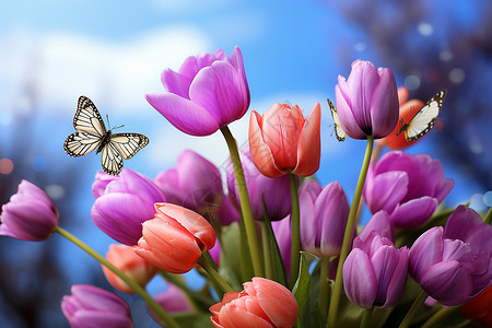 花与蝴蝶自然中的浪漫背景图片