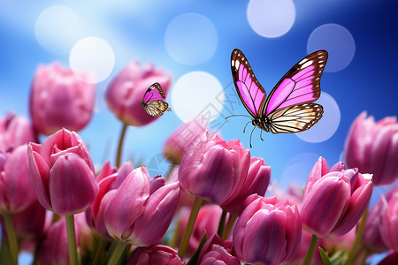 蝴蝶舞动在粉色花朵上背景图片