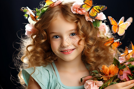 被蝴蝶和鲜花围绕的女孩背景图片
