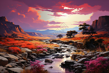 河流景观色彩斑斓的景色插画