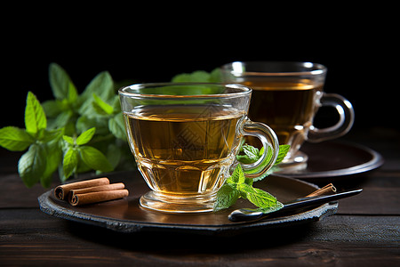茶托上的茶水和香料高清图片