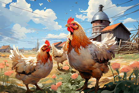 母鸡在农场里背景图片
