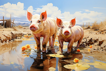 毛毯中猪农场两只猪在水坑中插画