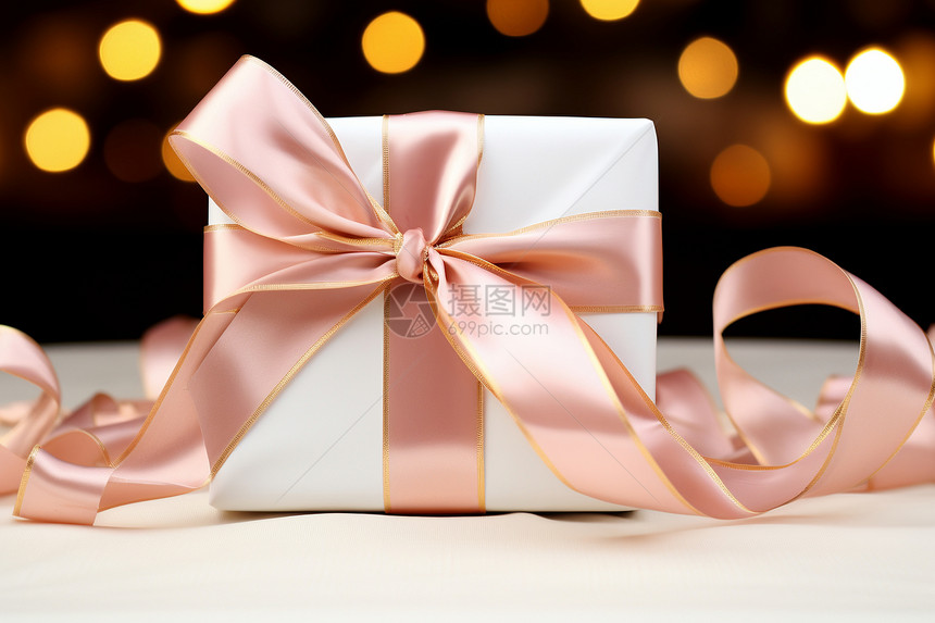 粉红丝带的白色礼盒图片