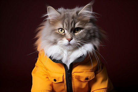 可爱猫咪穿着黄色夹克背景图片