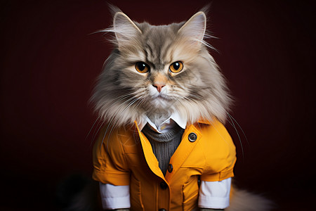 毛茸茸的猫咪穿黄色夹克背景图片