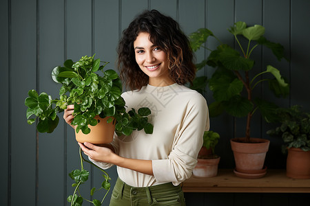 喜爱盆栽植物的外国女子背景图片