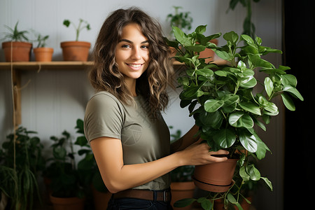 家庭培育盆栽的外国女子背景图片