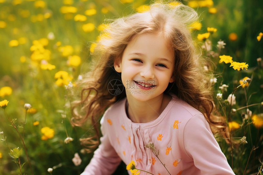 花海中快乐的小女孩图片
