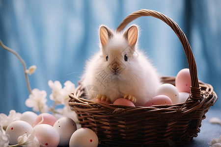 装饰彩蛋篮子里的兔子和彩蛋背景
