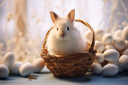 白色兔子与复活节彩蛋背景图片