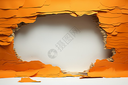 撕裂橙色墙板上的破洞背景