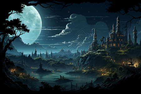 城堡森林夜晚中的魔法城堡插画