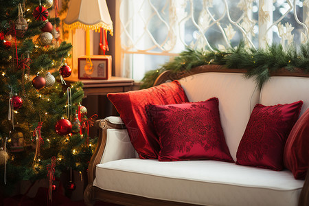 沙发旁的圣诞树背景图片