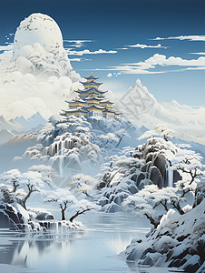 湖景建筑神奇的雪山湖景插画